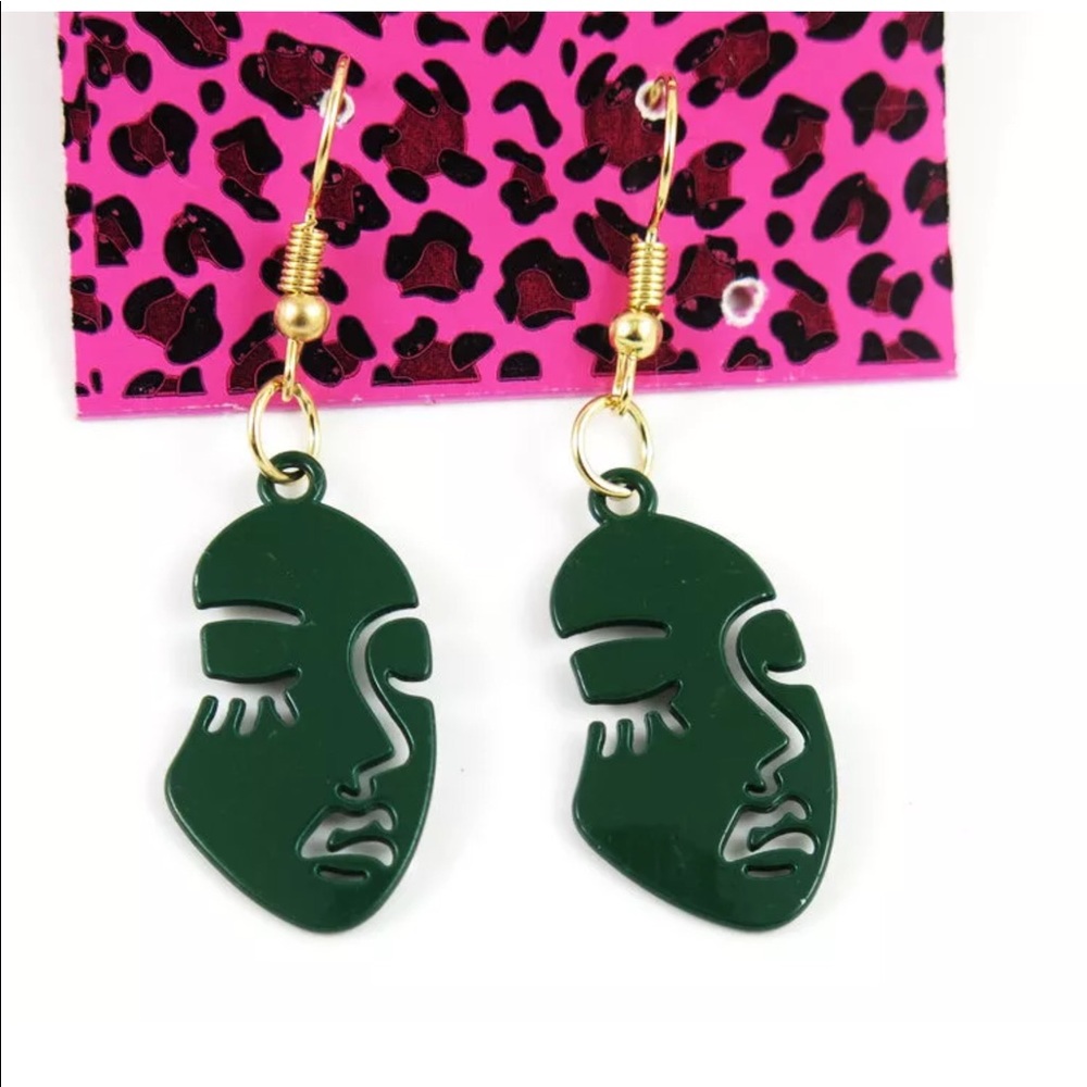 Green Retro Abstract Art Face Dangle Earrings - Picture 2 of 2